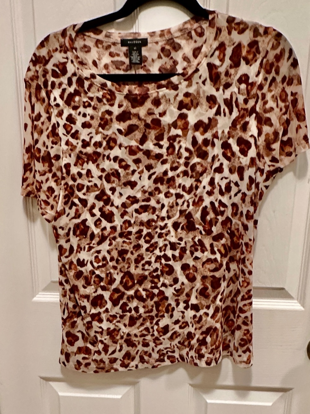 Halogen Leopard Print Short-Sleeve Top in Brown and Tan. Partially see through